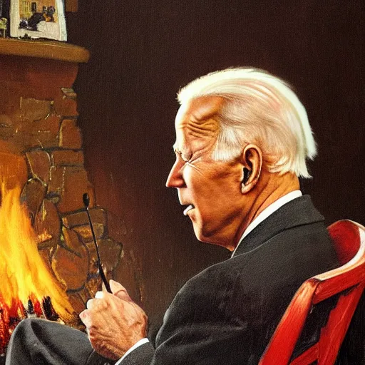 Image similar to a medium close up portrait painting by Norman Rockwell of Joe Biden sitting in a chair. Cozy fire. legs crossed