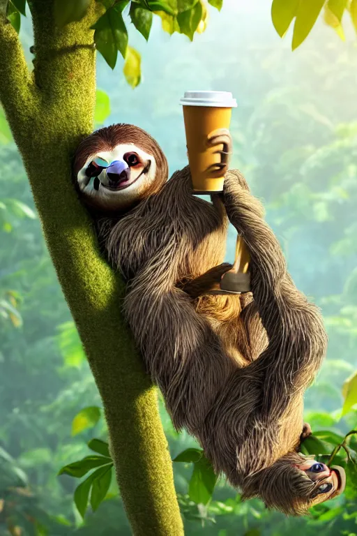 Image similar to one happy sloth climbing a tree in a tropical forest holding one cup of coffee on his hand . Pixar Disney 4K 3d render funny animation movie Oscar winning trending on ArtStation and Behance. Ratatouille style.