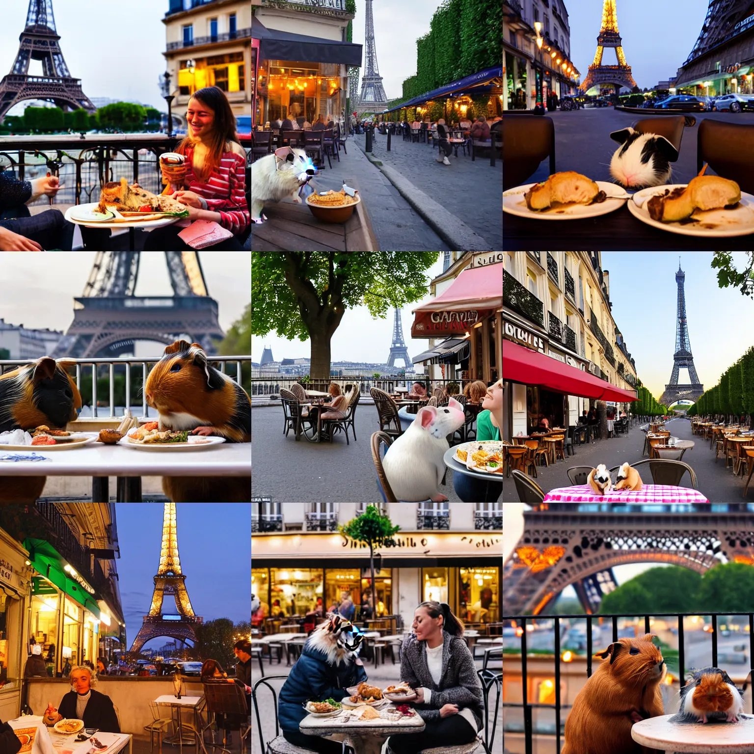 Image similar to two guinea pigs having dinner outside a cafe in Paris in the evening, the eiffel tower is visible in the background