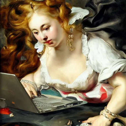 Image similar to heavenly summer sharp land sphere scallop well dressed lady working on her laptop auslese, by peter paul rubens and eugene delacroix and karol bak, hyperrealism, digital illustration, fauvist, looking at her imac laptop