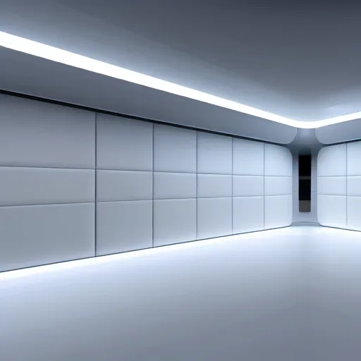 Image similar to a white room 1 2 ft long x 1 0 ft wide x 8 ft tall, geometrically perfect, clean and empty, sci fi spaceship futuristic paneling unreal engine, general studio lighting, 8 k,