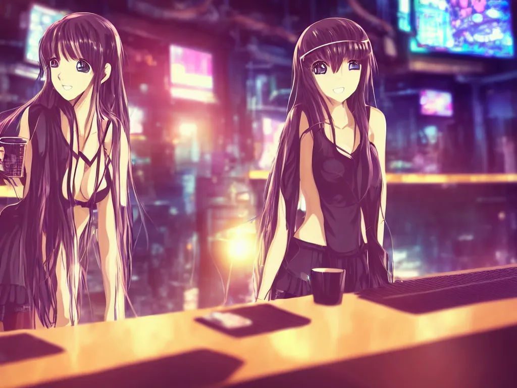 Prompt: cute anime girl alone in a cyberpunk city bar, very detailed, perfect face, long hair