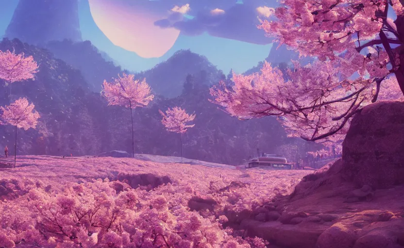 Image similar to cherry blossoms in the mountains, Low level, rendered by Beeple, Makoto Shinkai, syd meade, simon stålenhag, synthwave style, digital art, unreal engine, WLOP, trending on artstation, 4K UHD image, octane render,