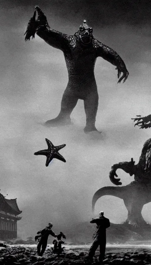 Image similar to a filmstill of a north korean monster movie, kaiju - eiga monster with starfish - arms trampling a traditional korean palace, foggy, film noir, epic battle, etheral, explosions, communist propaganda, communist epic thriller produced by kim jong - il, cinematography by akira kurosawa and tim burton, video compression