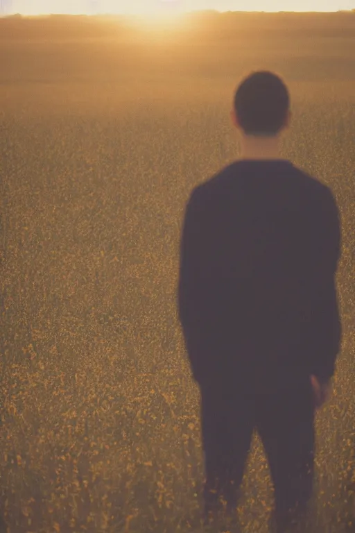 Prompt: agfa vista 4 0 0 photograph of a guy standing in a field of human skulls, back view, synth vibe, vaporwave colors, lens flare, moody lighting, moody vibe, telephoto, 9 0 s vibe, blurry background, grain, tranquil, calm, faded!,