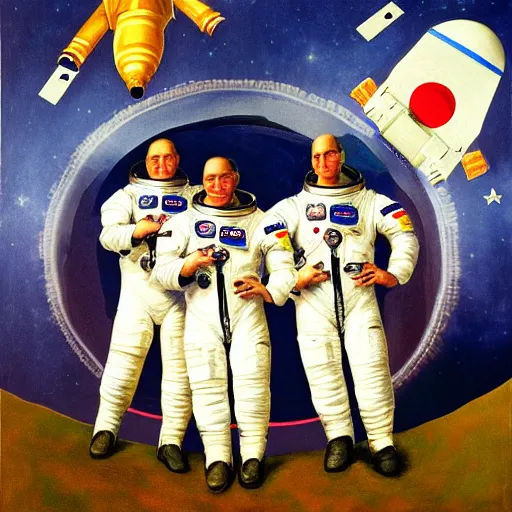 Prompt: astronauts in space posing at the camera in the style of grant wood.