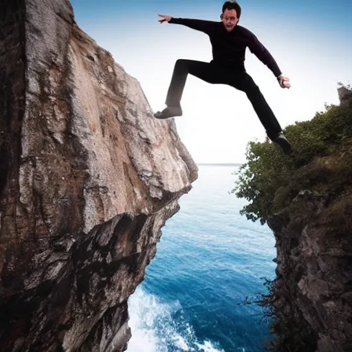 Prompt: guy jumping off a cliff while a ghost watches