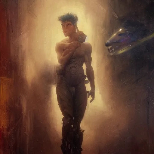 Image similar to handsome portrait of a young guy fitness posing, war hero, radiant light, caustics, translucent rainfall, ghost in the shell, by gaston bussiere, bayard wu, greg rutkowski, giger, maxim verehin