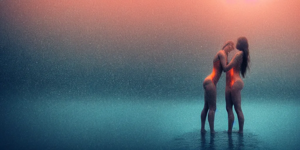 Image similar to a blurry closeup picture of gorgeous human bodies intertwined, female bodies, dripping wet, macro photography, long exposure photograph, surrealism, anamorphic bokeh, cozy, soft light, cyan and orange, caustic, atmospheric fog, octane render, cinematic