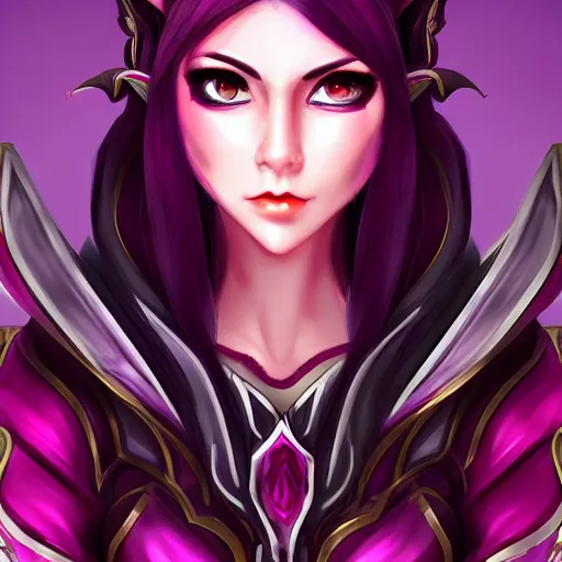 Image similar to portrait of a female high elf with magenta eyes and dark hair, in the style of league of legends digital art trending on art station 8 k