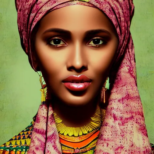 Prompt: a vintage image of a somali woman, on a painterly background, somali attire, beautiful, dreamy, pastel, digital, photo realistic, detailed face, sharp focus