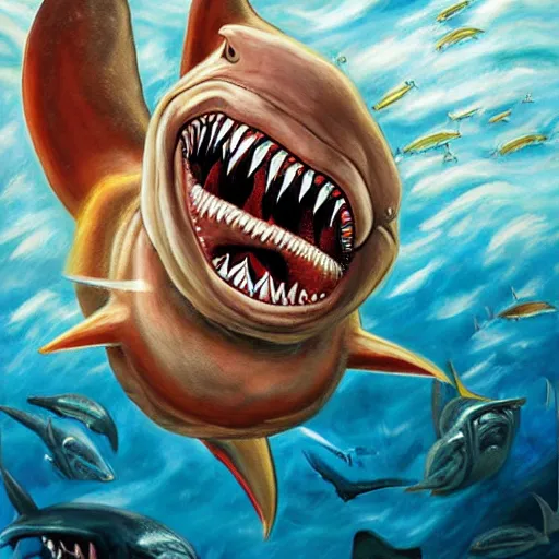 Prompt: full - color photorealistic fantastical oil - painting of : an anthropomorphic muscular male humanoid - hybrid shark - monster is terrorizing workers on the deck of a commercial fishing boat. the shark - monster is wearing swim - trunks. highly - quality, highly - detailed professional artwork.