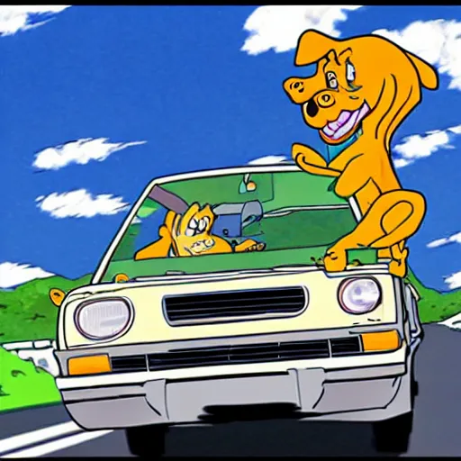 Image similar to scooby doo professionally driving inside a nissan pulsar through windy roads in the hills, drawn anime style