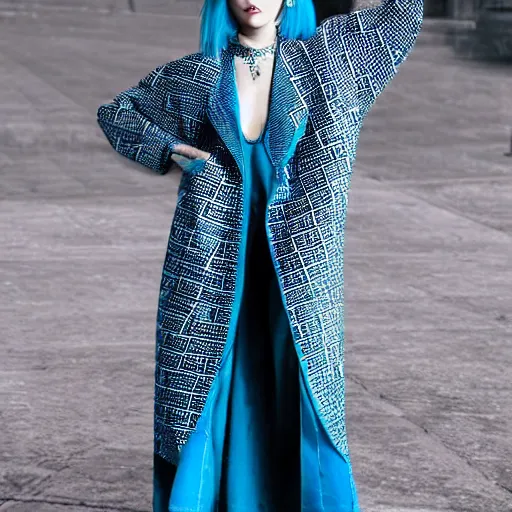 Image similar to fashion 2 0 5 0 fantastic openwork long coat with intricate pattern on a beautiful symmetrical girl with blue hair, hyper realistic photos