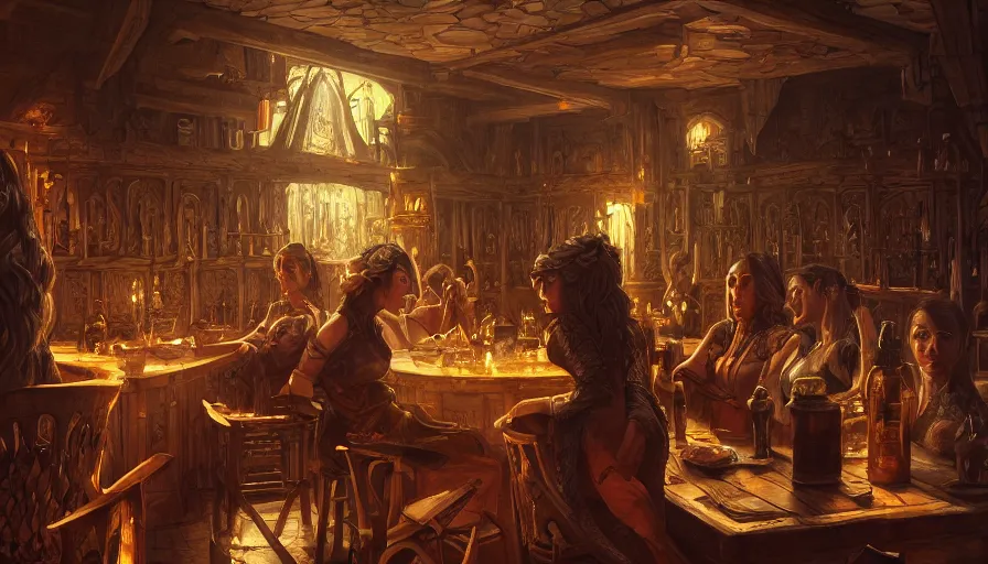 Image similar to tavern, fame of thrones, pinup. lord of daggers, past, neon, fibonacci, sweat drops, insane, intricate, highly detailed, digital painting, artstation, concept art, smooth, sharp focus, illustration, Unreal Engine 5, 8K, art by artgerm and greg rutkowski and alphonse mucha