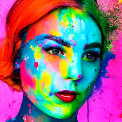 Image similar to a painting of a woman's face created by throwing colourful paint at a wall