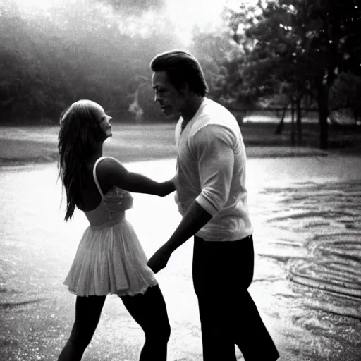 Image similar to portrait shot of young arnold schwarzenegger holding tight in love dancing in the rain with jennifer lawrence beautiful white wet dress, 5 0 mm kodak, beautiful light, best lense, 9 0 s romantic movie, 4 k