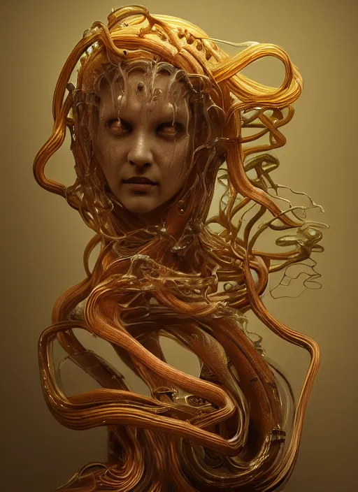 Image similar to subsurface scattering, medusa made of soft wax by giger, cgsociety, translucent, wooden art nouveau swirls, colored smoke, gold cables, electricity, tubes, in the style of ruan jia and beeple, mystical colors, back light, rim light, dramatic lighting, 8 k, stunning scene, raytracing, octane render