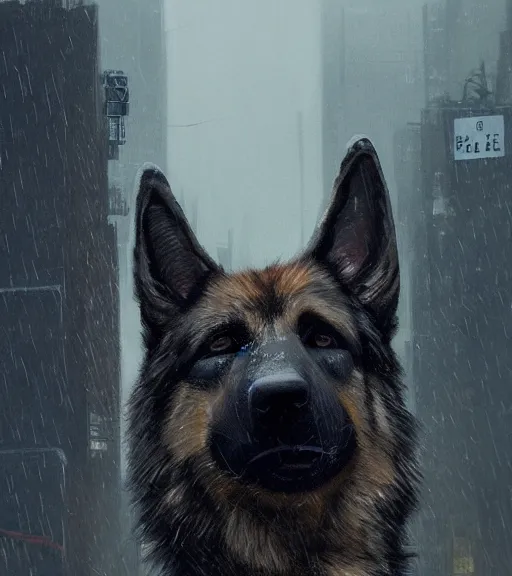 Image similar to new york city portrait of furry anthro anthropomorphic german shepard head animal person fursona wearing clothes strange cybernetic muzzle gloomy rainy cyberpunk digital art by Greg Rutkowski, Simon Stalenhag, christopher nolan trending on Artstation, CGSociety