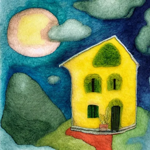 Prompt: small wooden house in the middle of spring forest, bright colours, watercolor, volumetric wool felting, macro photography, children illustration, by giorgio de chirico