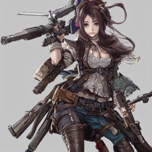 Prompt: the portrait of lawful neutral semi - colorful female infantry gunner as absurdly beautiful, gorgeous, elegant, young anime woman, an ultrafine hyperdetailed illustration by kim jung gi, irakli nadar, intricate linework, bright colors, octopath traveler, final fantasy, unreal engine 5 highly rendered, global illumination, radiant light, detailed and intricate environment