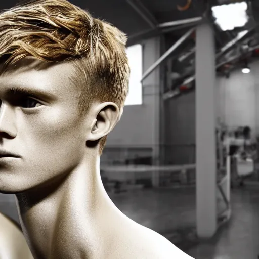 Image similar to a realistic detailed photo of a guy who is an attractive humanoid who is half robot and half humanoid, who is a male android, soccer players martin ødegaard, shiny skin, posing like a statue, blank stare, in a factory, on display, showing off his muscles, gold soccer shorts, side view, looking at each other mindlessly