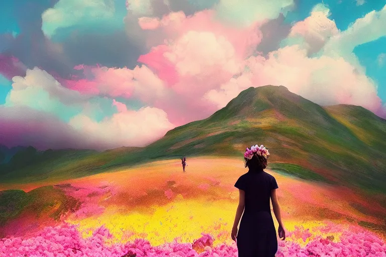 Image similar to giant dahlia flower crown as head girl walking on mountain, surreal photography, pink storm clouds, dramatic light, impressionist painting, digital painting, artstation, simon stalenhag