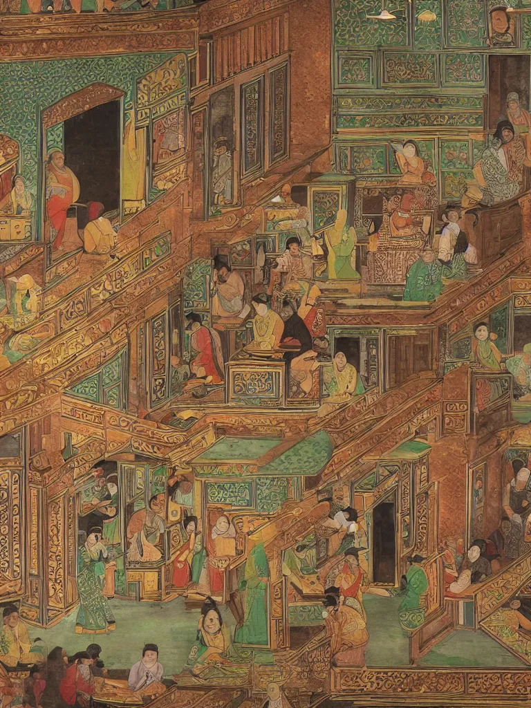 Image similar to ornate mughal painting of a Starbucks cafe