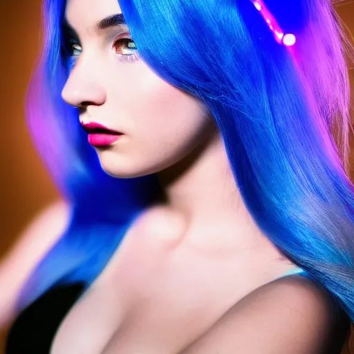 Prompt: hd photo of a pretty girl with blue hair, pretty lights, modern house, trending on artstation