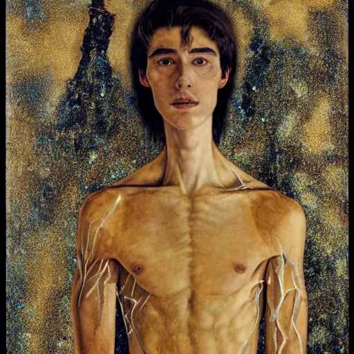 Prompt: a long shot portrait of tall, slender 20 year old man with golden cracks and scars on his arms and chest, standing atop a mountain, sci-fi, digital art, klimt, kintsugi, sharp-jaw, long brown hair, long-arms