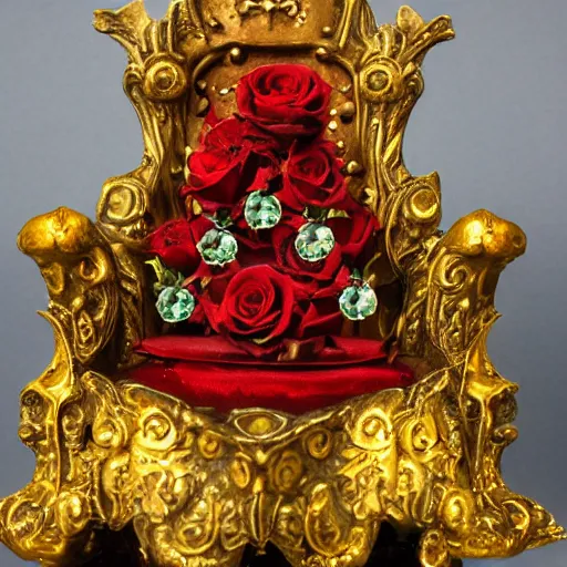 Prompt: vampire queen on treasure throne with roses and holes and gemstones