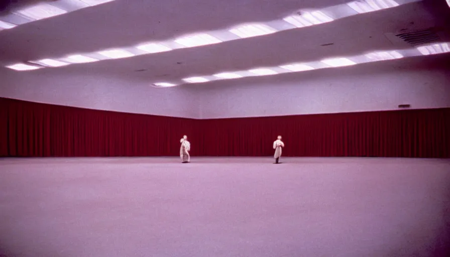 Image similar to 60s movie still of a sovietic stalinist style empty ballroom with one soviet guard standing, cinestill 800t 50mm eastmancolor, liminal Space style, heavy grain-s 150