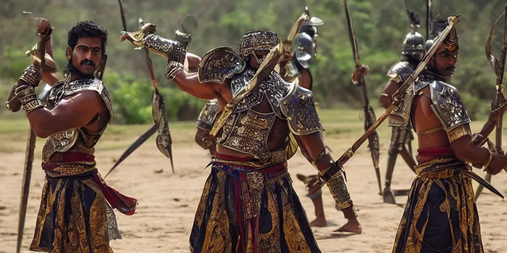 Image similar to sri lankan warriors with swords, film still, epic shot cinematography, rule of thirds, fantasy movie style