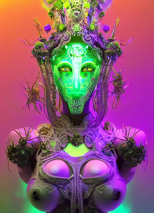 Image similar to 3 d goddess medium shot half - portrait with hyperdimensional mycorrhizal fungal implants. beautiful intricately detailed avante garde biopunk mask and alchemical retrowave sorceress outfit. glowing bio luminescent outline, storm, pulse projections, plasma, creature, artwork by tooth wu and wlop and android jones and beetle and greg rutkowsk