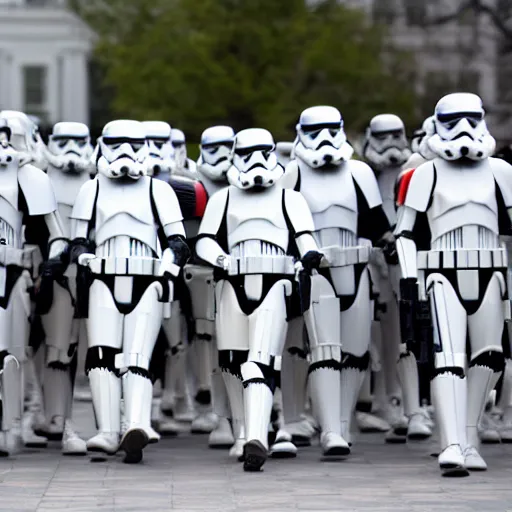 Prompt: Obama leading an Army of Stormtrooper to attack the White house, Obama has a red lightsaber in his right hand, high field of view, 40nm lens, shallow depth of field, split lighting, 4k,