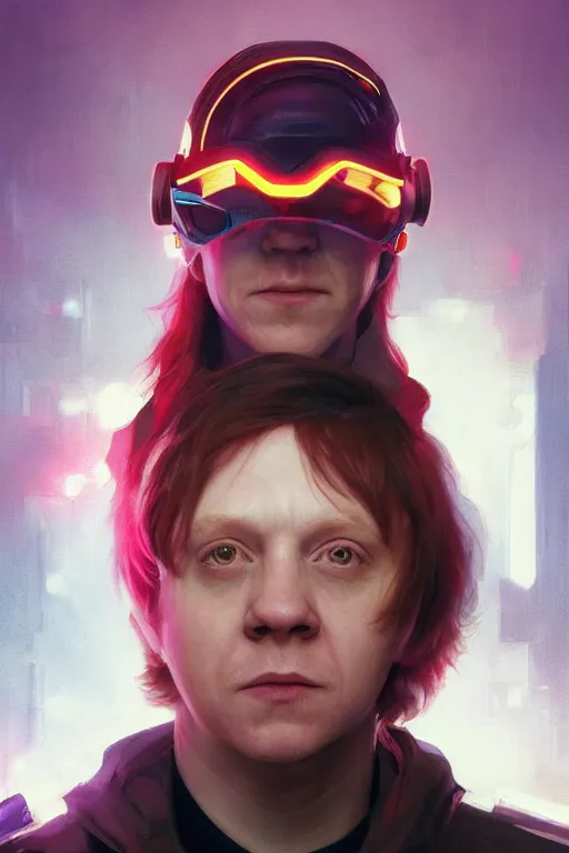 Image similar to Rupert Grint as Ron Wisly with visor in cyberpunk, neon lighting, night city, digital art from artstation by Ruan Jia and Mandy Jurgens and Artgerm and william-adolphe bouguereau and Greg Rutkowski