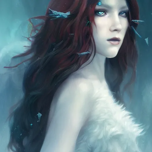 Image similar to a portrait of a ice queen with long dark curly red hair, stoic, pale skin, alone, white eyes, dramatic, epic painting, painting by wlop, nixeu and sakimichan, cgsociety, roses, wolf, crows beautiful, artbreeder, artstation, octane render, sharpness, 8 k, golden ratio