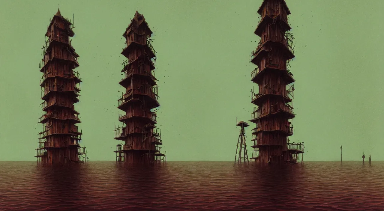 Prompt: single flooded simple wooden tower, very coherent and colorful high contrast ultradetailed photorealistic masterpiece by dean ellis franz sedlacek simon stalenhag, dark shadows, sunny day, hard lighting