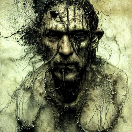 Image similar to wet collodion photography of innsmouth dweller mutant early xx century fisherman sailor old man with gills and scales creatures from the deep ocean by emil melmoth zdzislaw beksinki craig mullins yoji shinkawa realistic render ominous detailed photo atmospheric by jeremy mann francis bacon and agnes cecile ink drips paint smears digital glitches glitchart