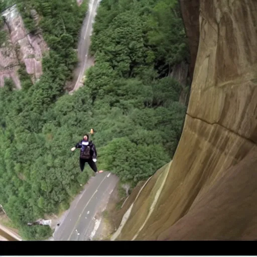 Image similar to GoPro video of Mr Bean base jumping