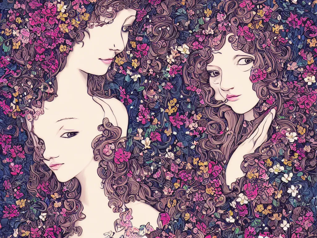 Prompt: beautiful girl digital art james jean long hair with flowers baroque