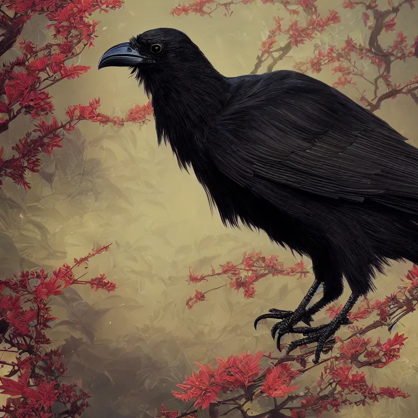 Image similar to beautiful angry black raven bird, cute, intricate, exquisite japanese background, highly detailed, digital painting, trending on artstation, concept art, smooth, sharp focus, backlit, rim light, vivid colors, illustration, unreal engine 5, 8 k, art by rossdraws and alphonse mucha