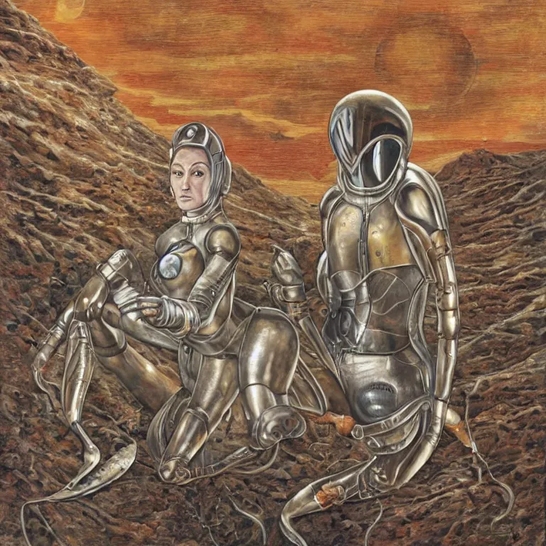 Prompt: painting by wayne barlow and carlo crivelli, a woman in a skintight silver shining spacesuit riding on the back of a giant alien crab on a dramatic red rocky planet