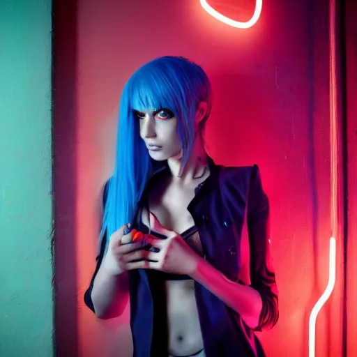 Image similar to cyberpunk young woman with blue hair and cybernetic leg implants smoking and leaning against a wall lit in neon