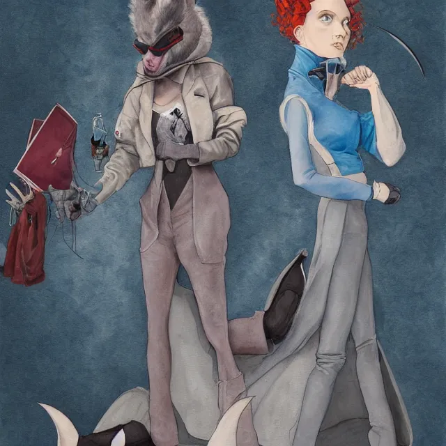 Prompt: a oil / watercolor painting full body character portrait of a uneducated female anthropomorphic bat mad scientist. she has an athletic build. her wardrobe is classy. in the style of moebius in the style of leonard boyarsky trending on artstation deviantart pinterest detailed realistic hd 8 k high resolution