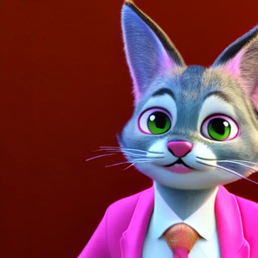 Prompt: 3d render , anthropomorphic cat, wearing a Pink tux, in the style of Zootopia