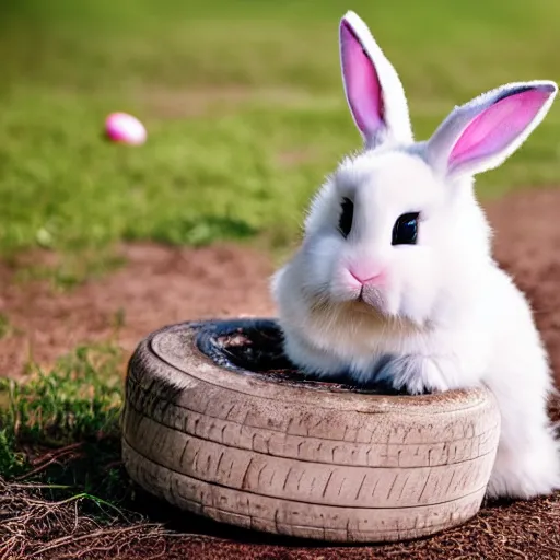 Image similar to a cute easter bunny sitting on a tire, studio photo, high quality