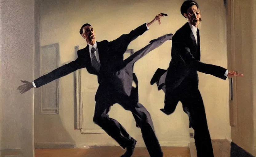 Image similar to a thin man wearing a suit screams and jumps over a telephone in a dark, 1980s living room, painted by phil hale, highly detailed