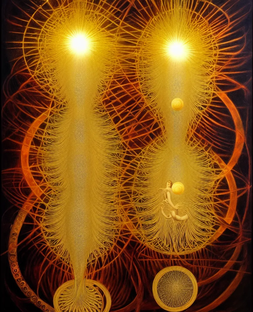 Prompt: a golden child radiates a unique canto'as above so below'while being ignited by the spirit of haeckel and robert fludd, breakthrough is iminent, glory be to the magic within, in honor of venus, painted by ronny khalil