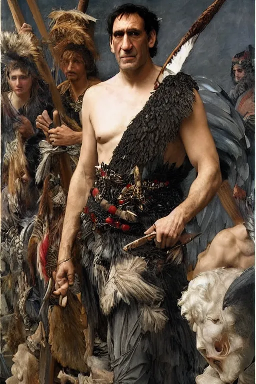 Image similar to clive owen as a barbarian king of feathers, god of the wild, silk dress by edgar maxence and caravaggio and michael whelan and delacroix